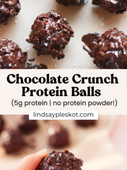 Chocolate protein balls coated in rich chocolate and arranged on parchment paper. A hand holds one in the foreground. Text reads: Chocolate Crunch Protein Balls (5g protein | no protein powder!) lindsaypleskot.com.