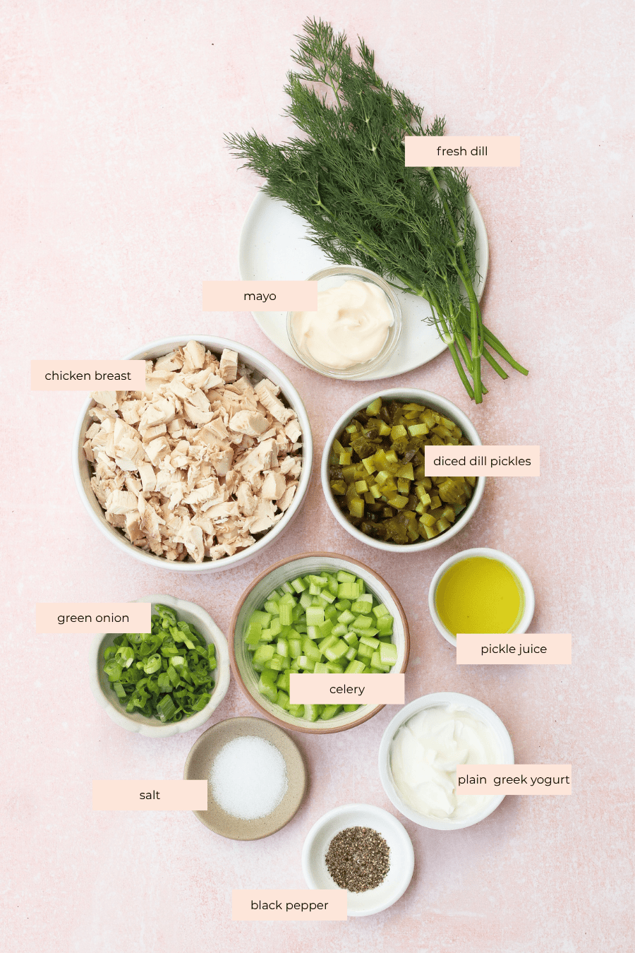 Flat lay of ingredients for dill pickle chicken salad on a pink background, featuring chicken breast, diced dill pickles, green onion, celery, mayo, pickle juice, plain Greek yogurt, fresh dill, salt, and black pepper—all clearly labeled.