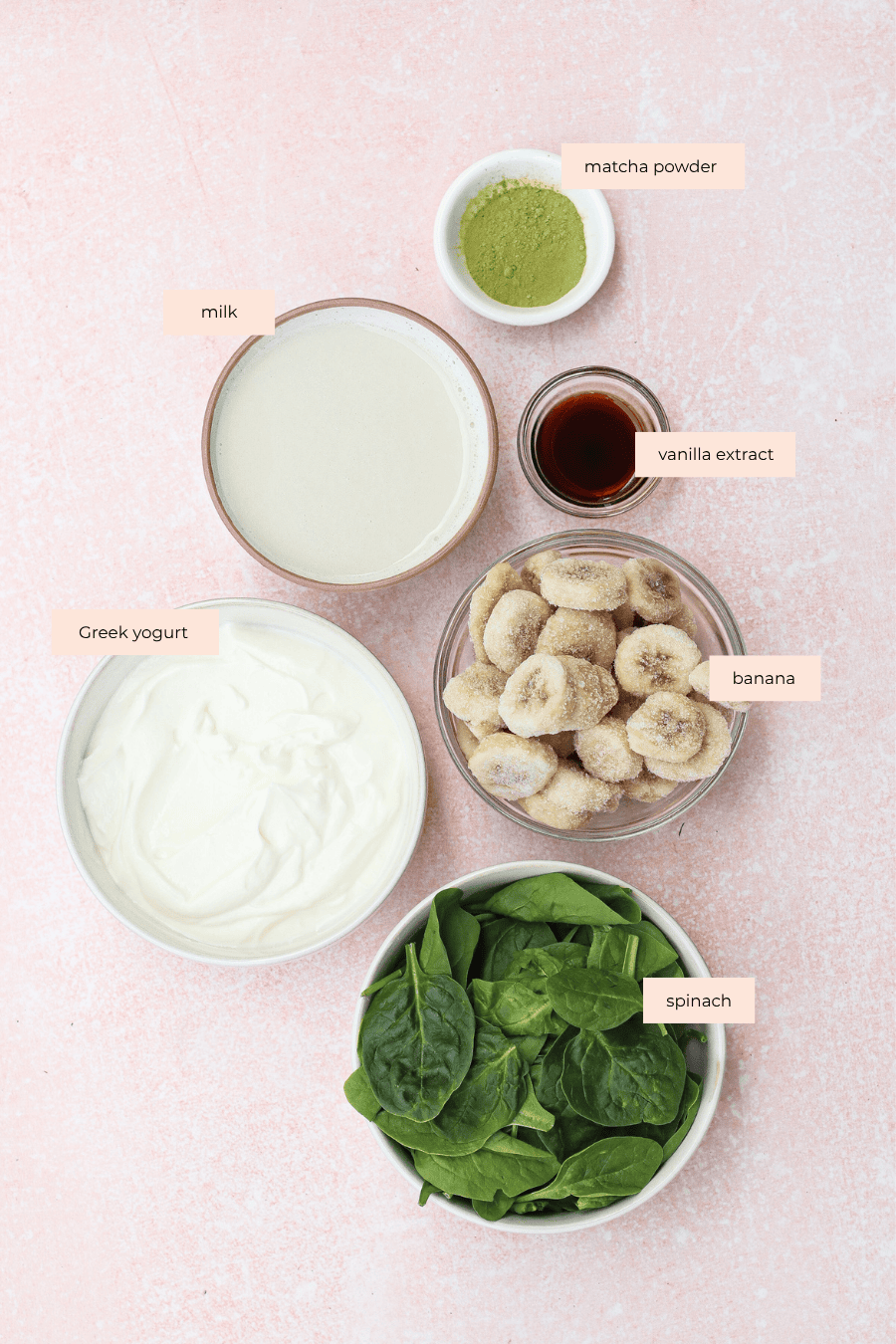 Six labeled smoothie ingredients on a pink surface: Greek yogurt, milk, frozen banana slices, spinach leaves, a small bowl of matcha powder, and a small bowl of vanilla extract.